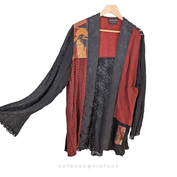 Y2K Patchwork Cardigan Topper Jacket Red Black Artsy Eclectic Lace Mesh Asian - Picture 1 of 11